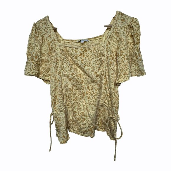 Lucky Brand Yellow Boho Floral Puff Sleeve Side Tie‎ Blouse Top Womens Size M - Picture 1 of 5